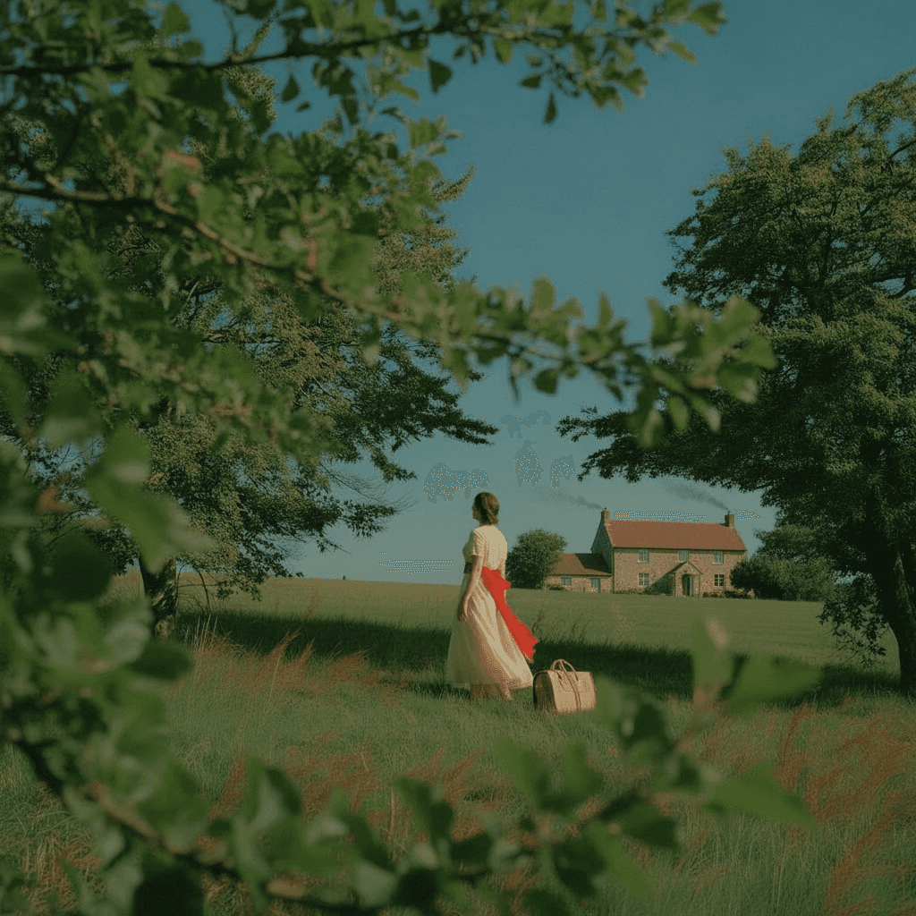 Wide shot: the woman walking toward the house in the field, the shot revealing the full scene