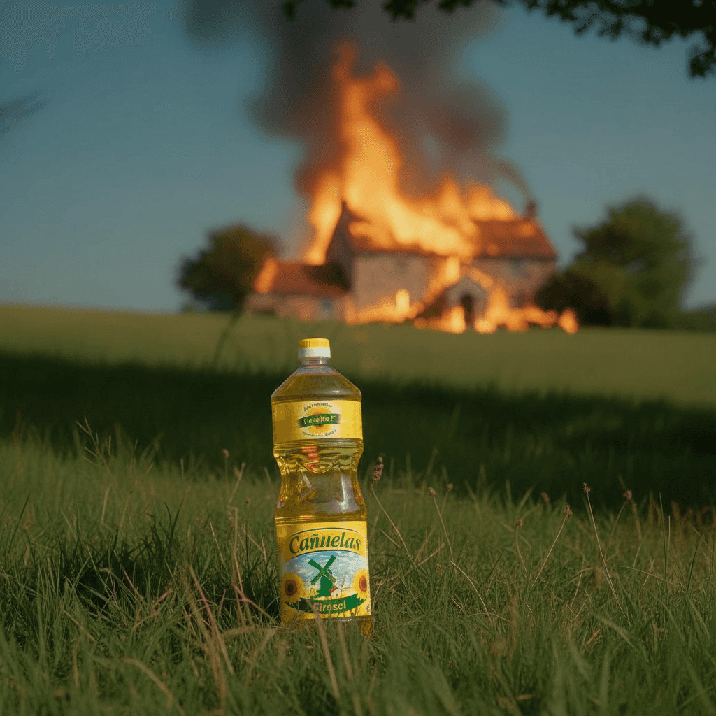 The closing shot: the sunflower oil bottle on the grass