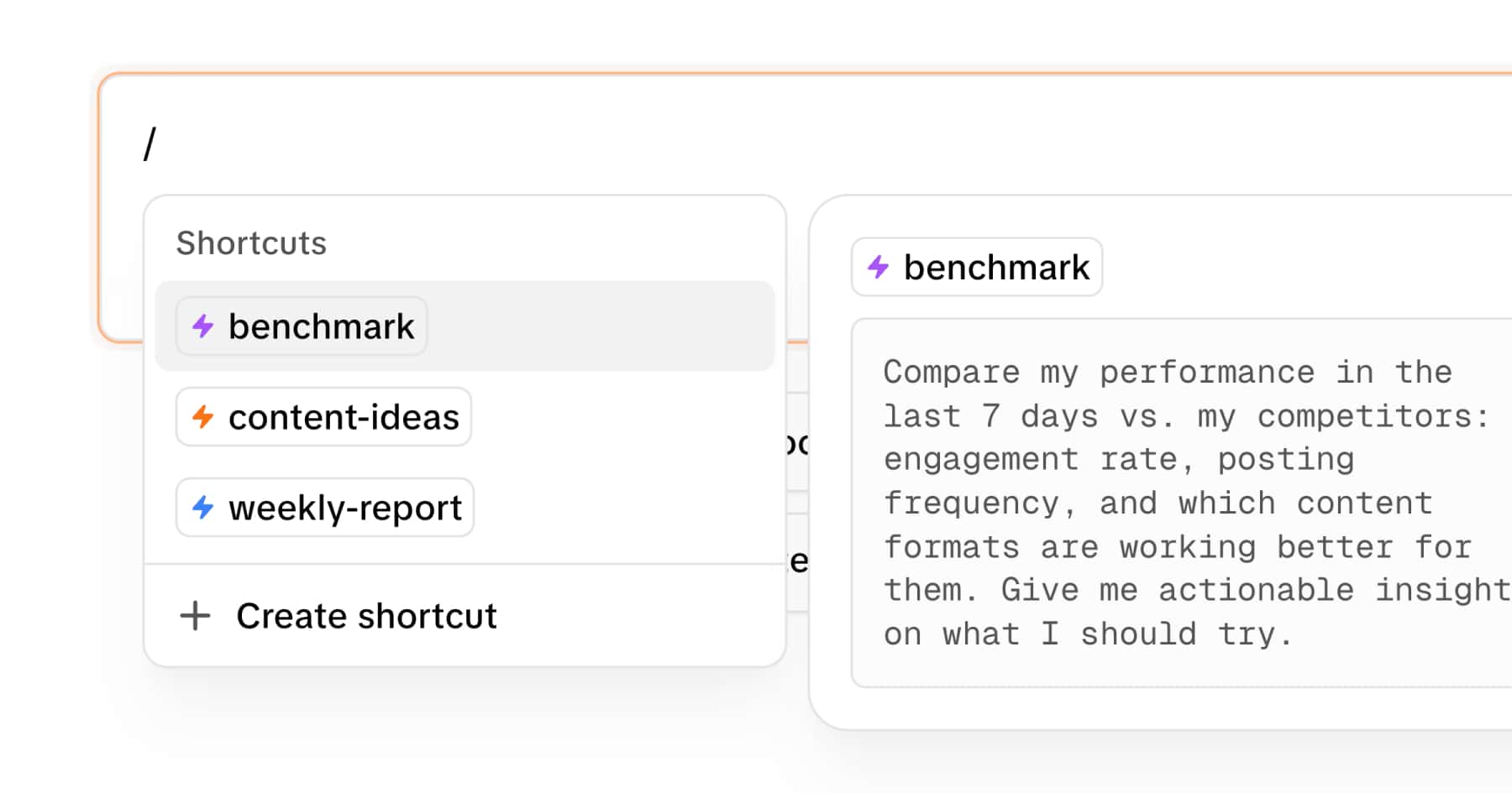Slash command menu opened in a social media analytics dashboard, showing shortcut options including 'benchmark,' 'content-ideas,' 'weekly-report,' and a 'Create shortcut' button.