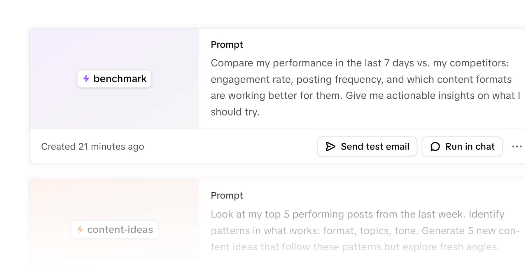 Shortcut detail view for 'benchmark' displaying a prompt to compare last 7 days performance versus competitors, with options to send test email or run in chat.