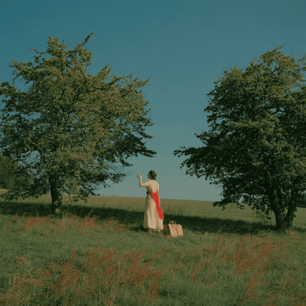 Storyboard variation via Remix: the woman sitting in the field with the purse, same palette and aesthetic as the mother image