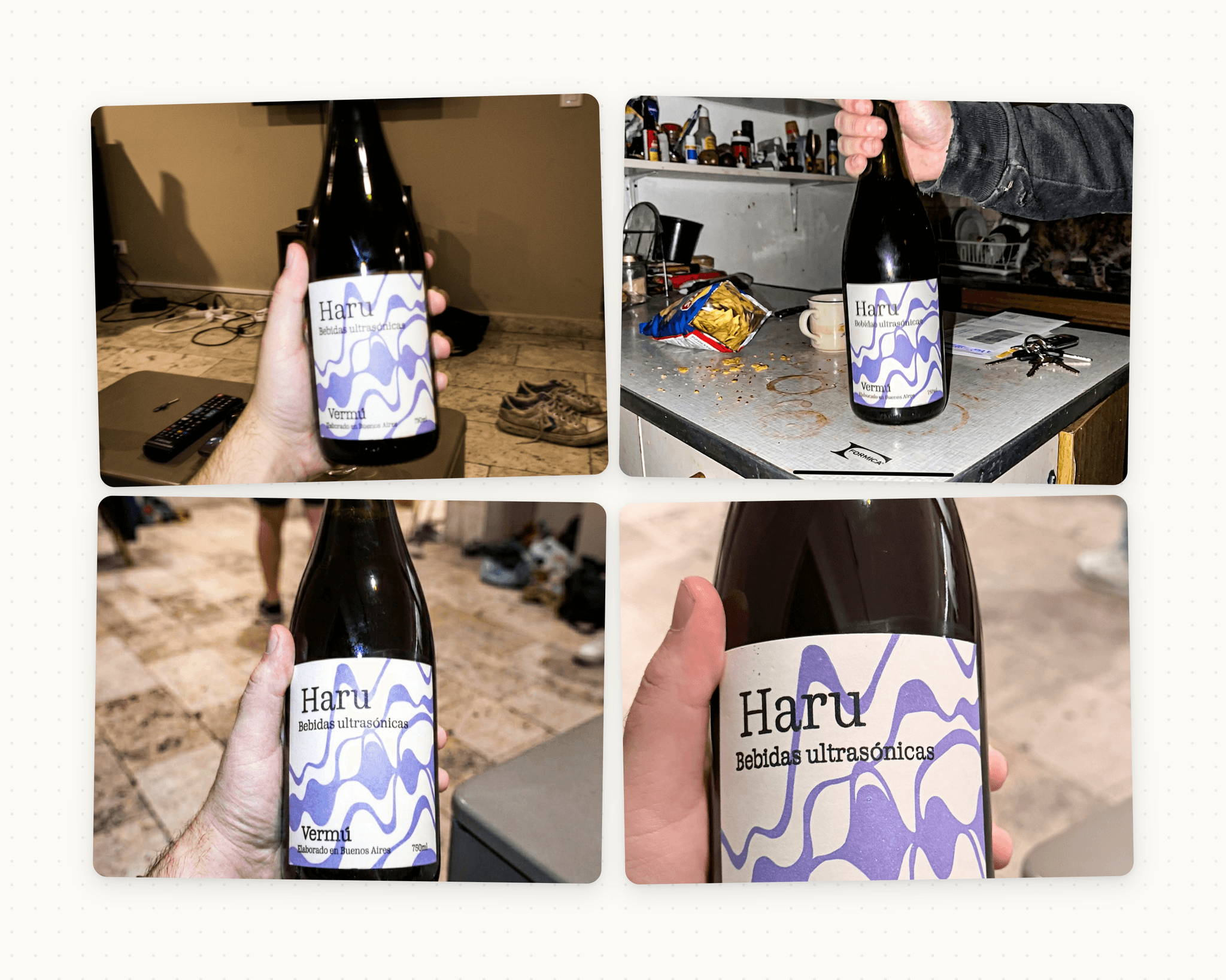 Four casual phone photos of the Haru bottle