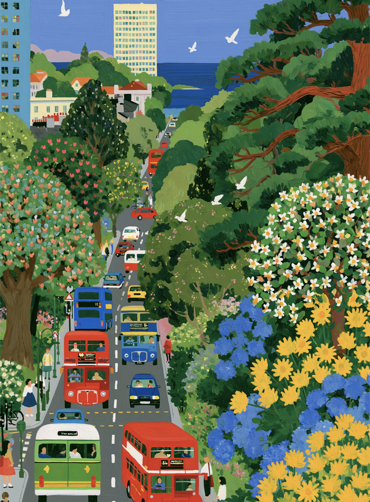 Painted coastal city street with double-decker buses