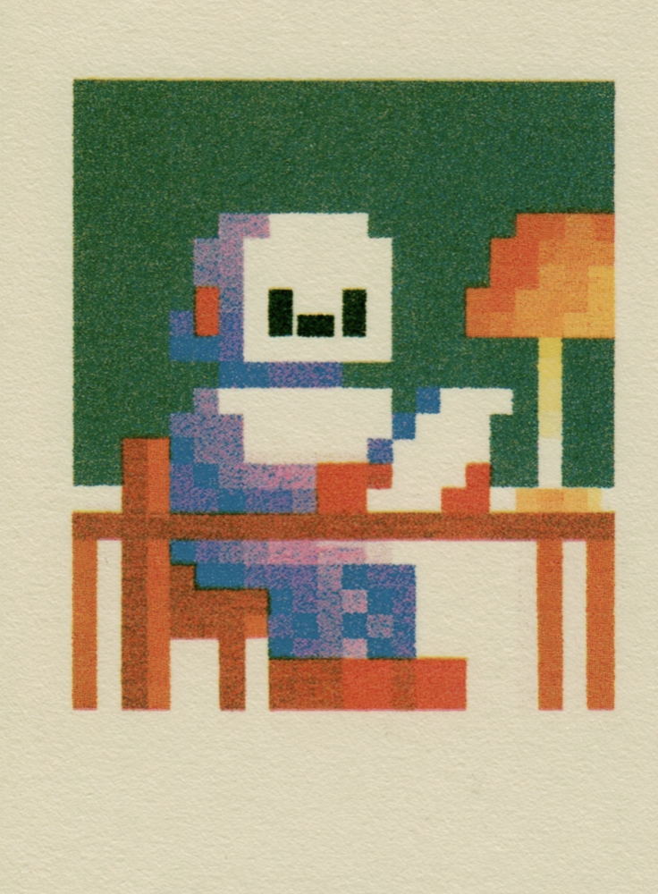 Risograph pixel-art character at a desk